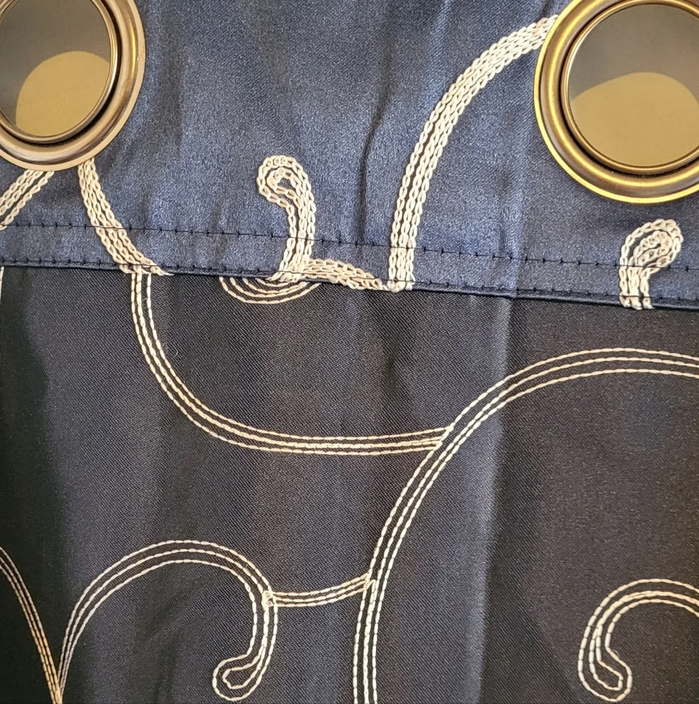 4 Navy Blue Satin Curtain Panels with Cream White Swirl Design, 26×84